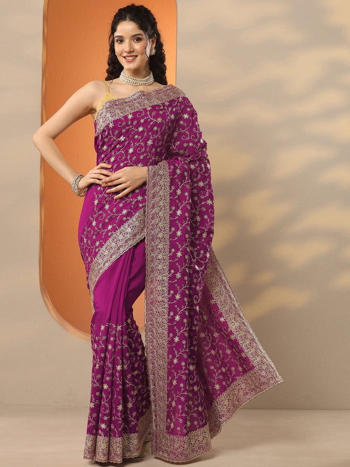 Magenta Embellished Silk Blend Saree With Unstitched Blouse Piece
