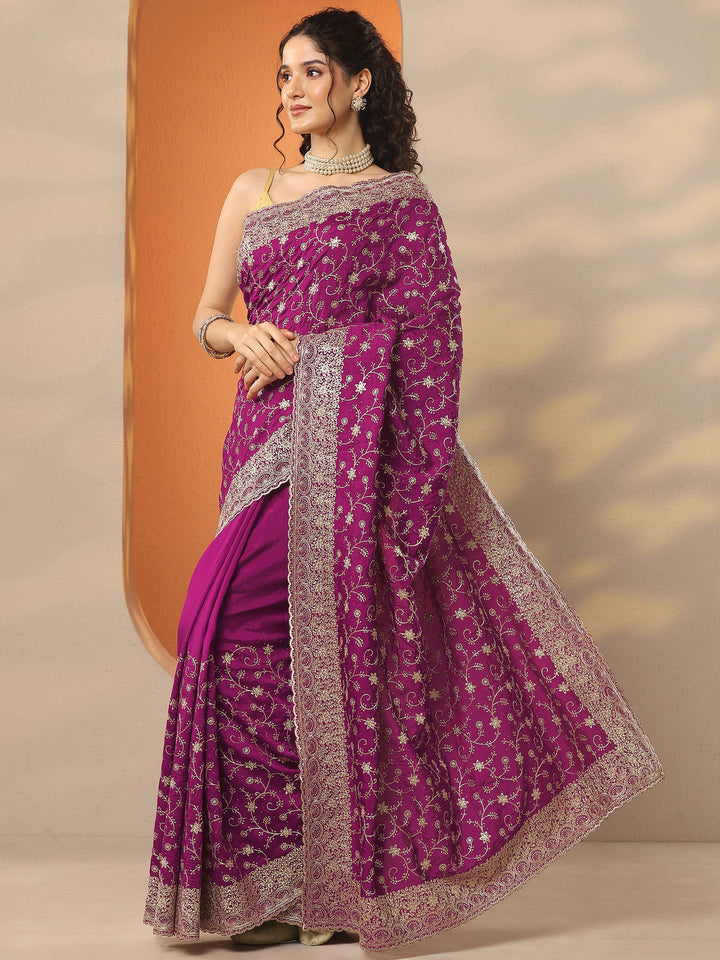 Magenta Embellished Silk Blend Saree With Unstitched Blouse Piece
