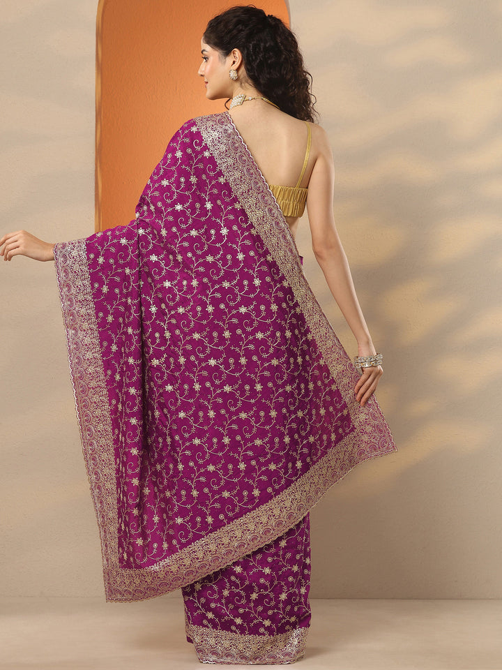 Magenta Embellished Silk Blend Saree With Unstitched Blouse Piece