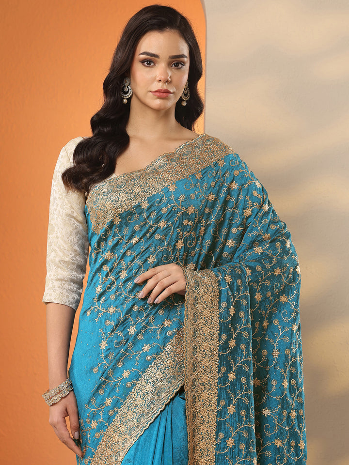 Blue Embellished Silk Blend Saree With Unstitched Blouse Piece