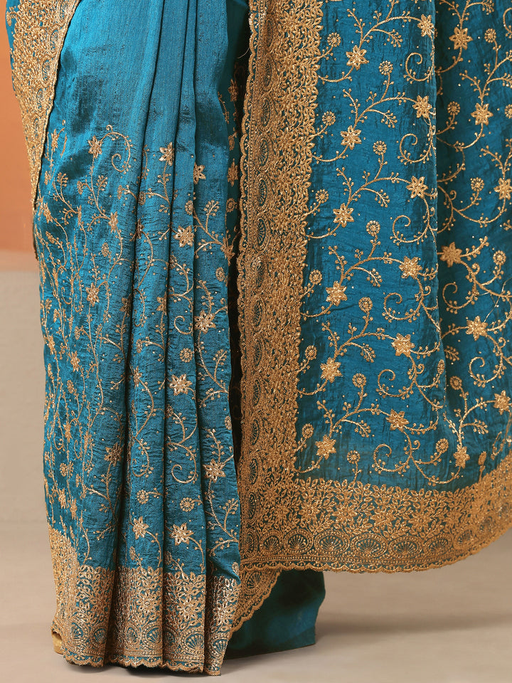 Blue Embellished Silk Blend Saree With Unstitched Blouse Piece