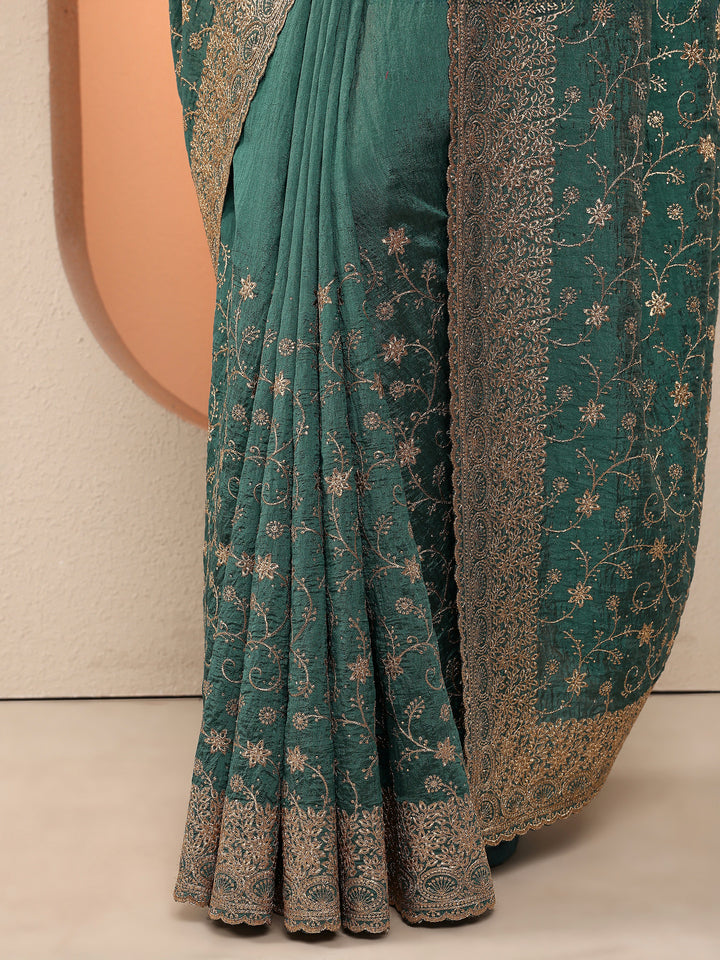 Green Embellished Silk Blend Saree With Unstitched Blouse Piece