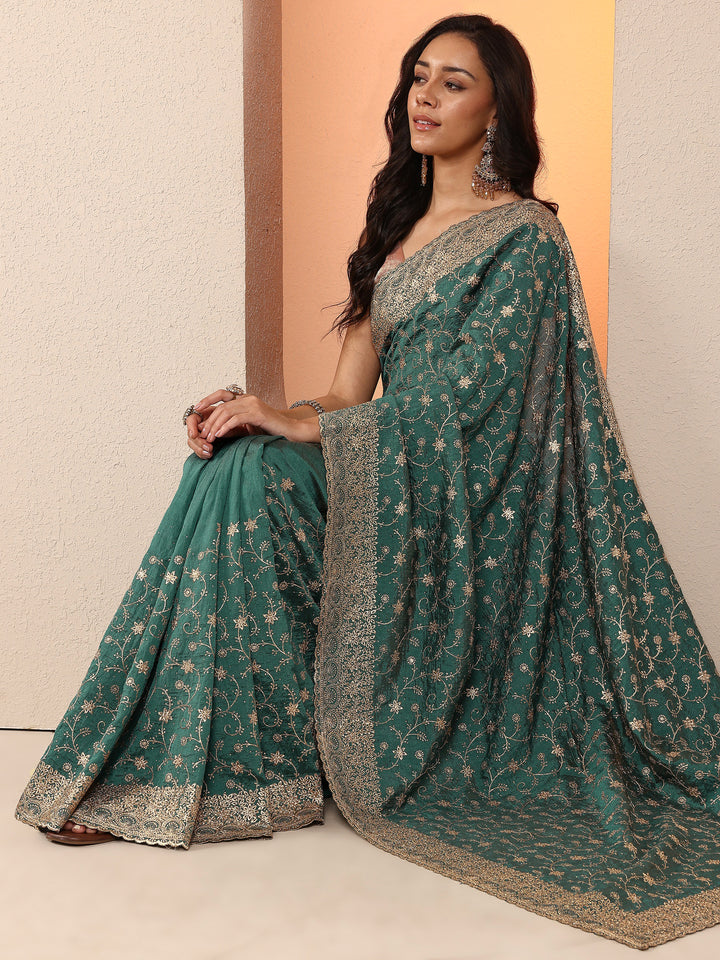 Green Embellished Silk Blend Saree With Unstitched Blouse Piece
