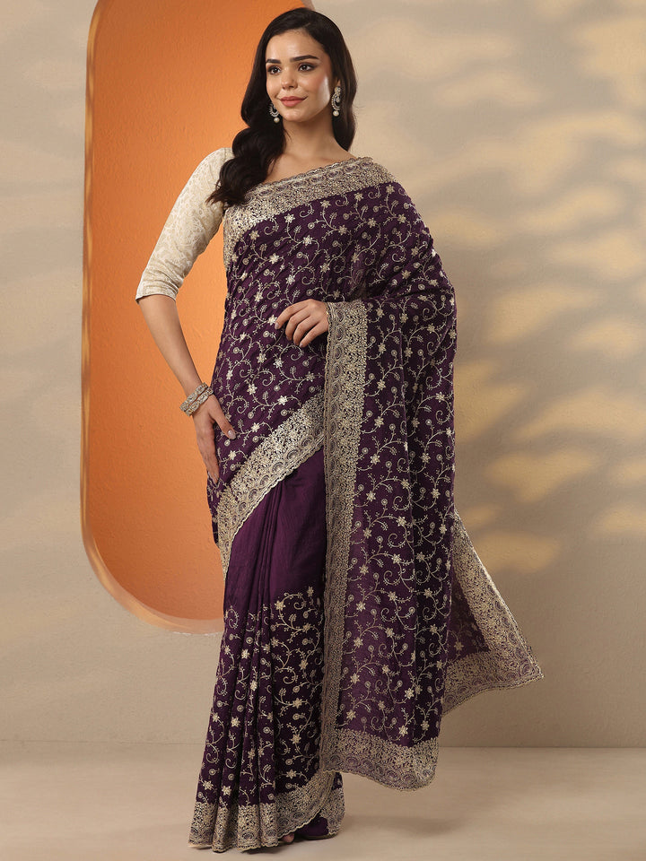 Burgundy Embellished Silk Blend Saree With Unstitched Blouse Piece