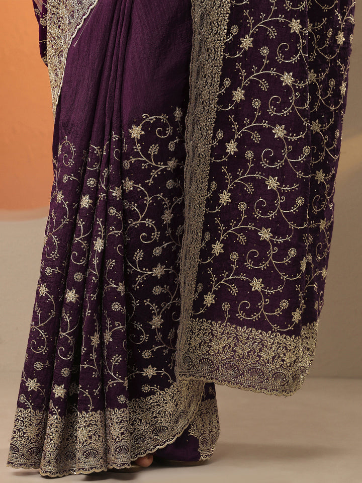 Burgundy Embellished Silk Blend Saree With Unstitched Blouse Piece