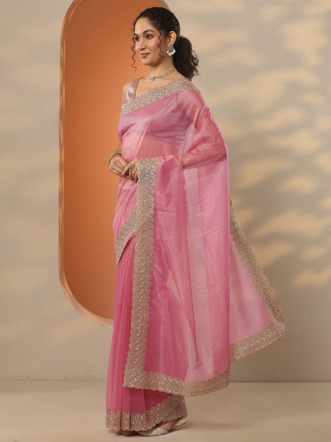 Pink Embellished Nylon Saree With Unstitched Blouse Piece