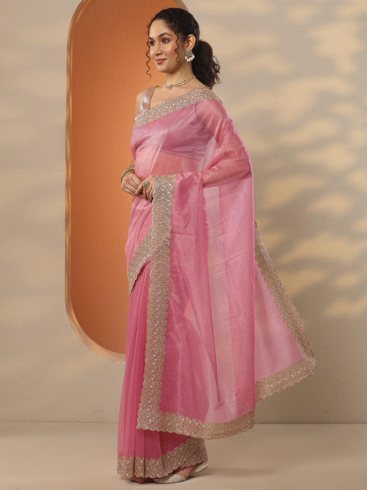 Pink Embellished Nylon Saree With Unstitched Blouse Piece