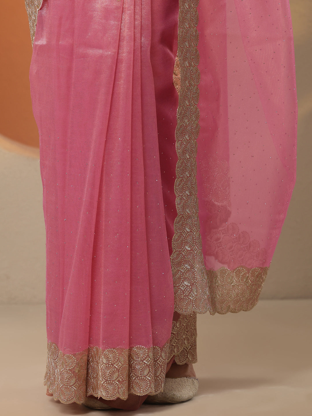 Pink Embellished Nylon Saree With Unstitched Blouse Piece