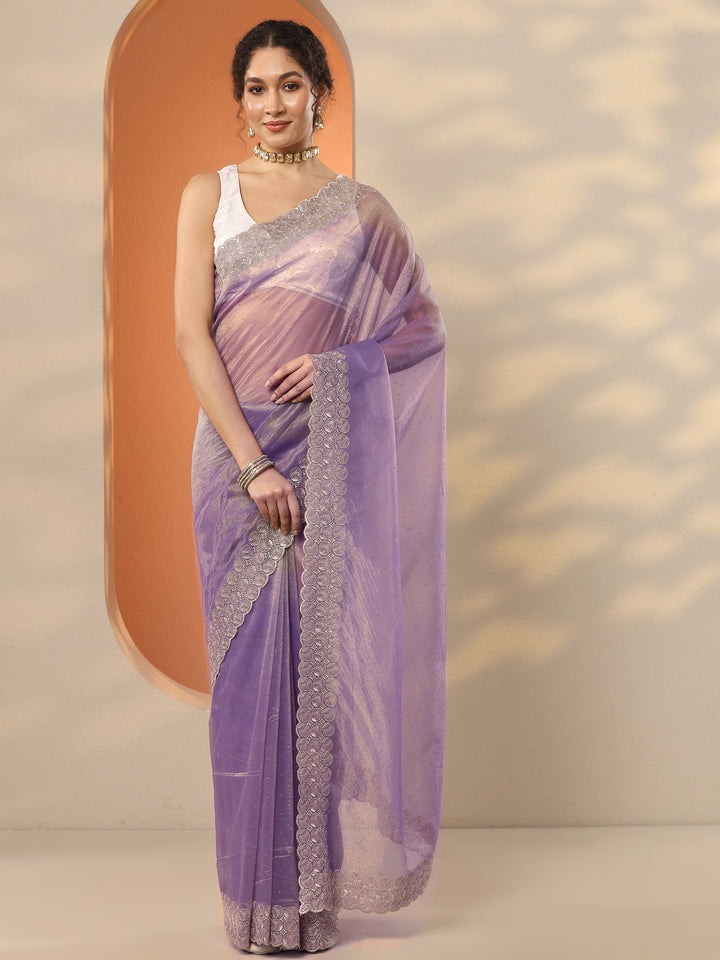 Lavender Embellished Nylon Saree With Unstitched Blouse Piece