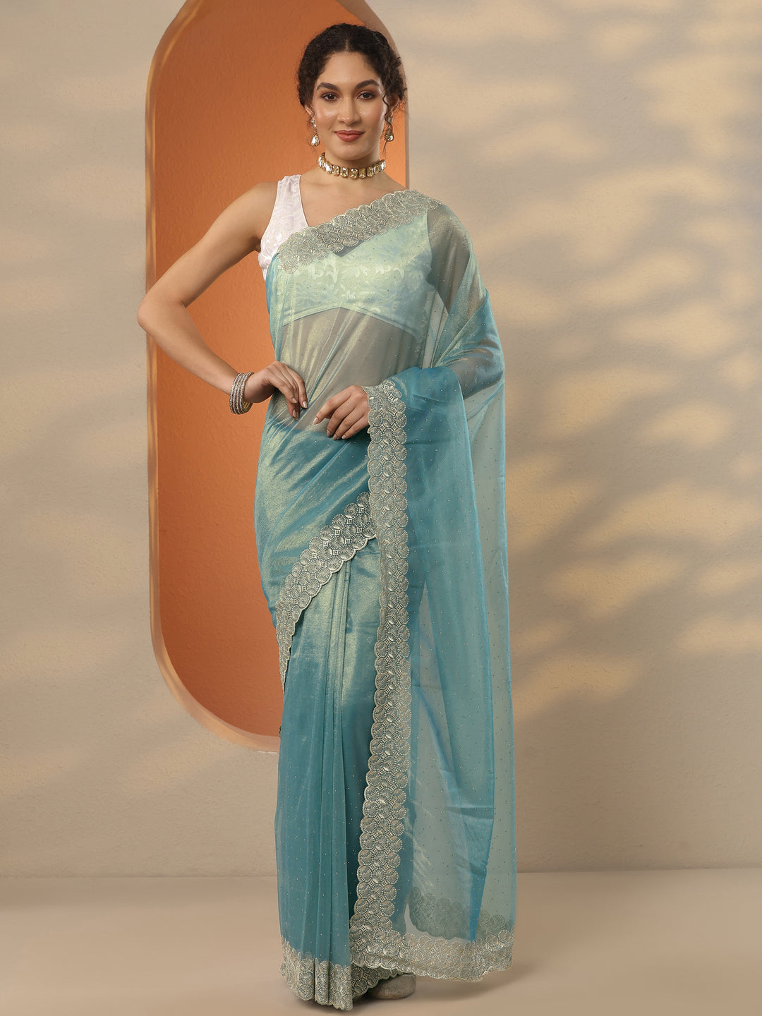 Blue Embellished Nylon Saree With Unstitched Blouse Piece