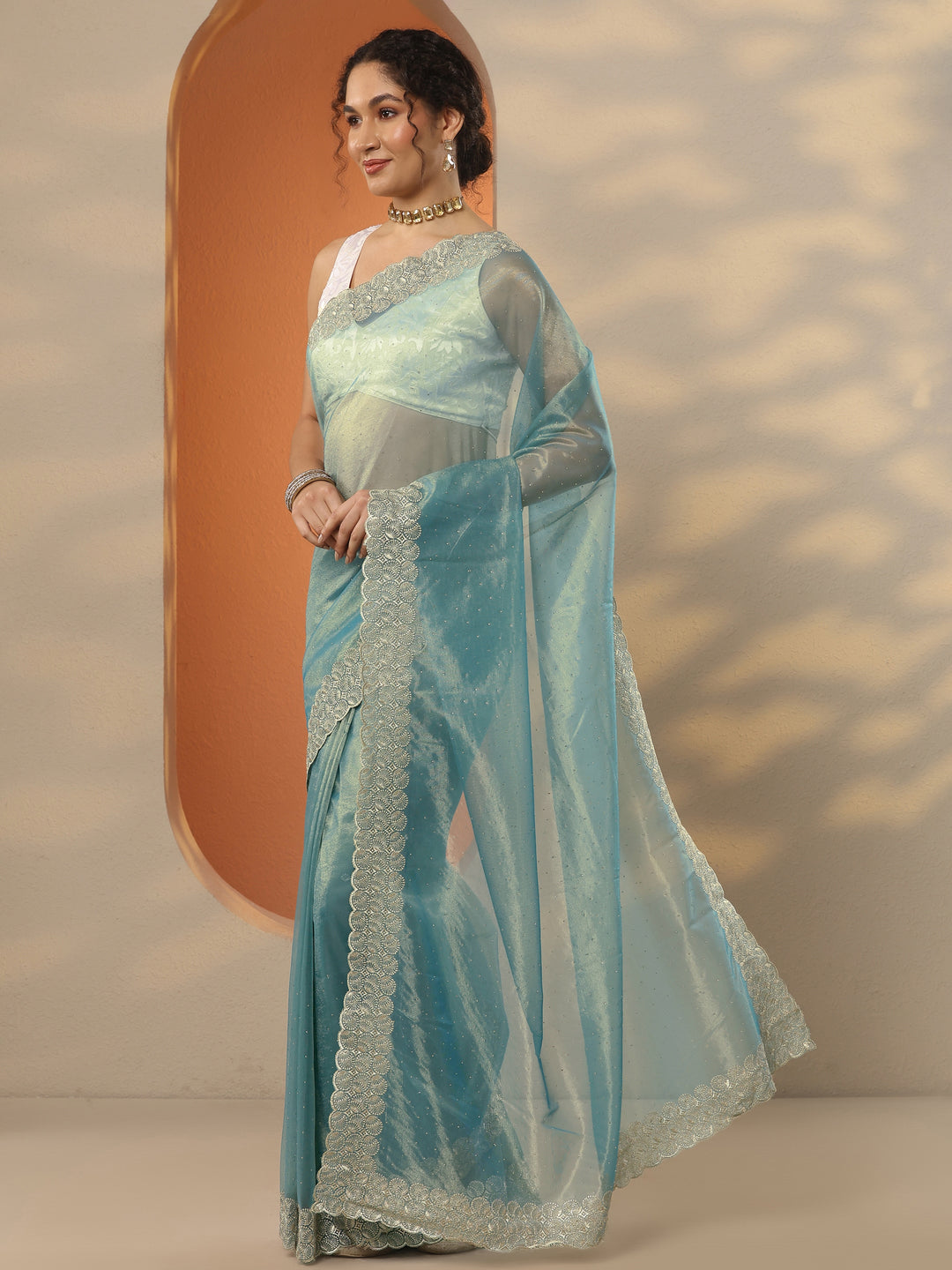 Blue Embellished Nylon Saree With Unstitched Blouse Piece