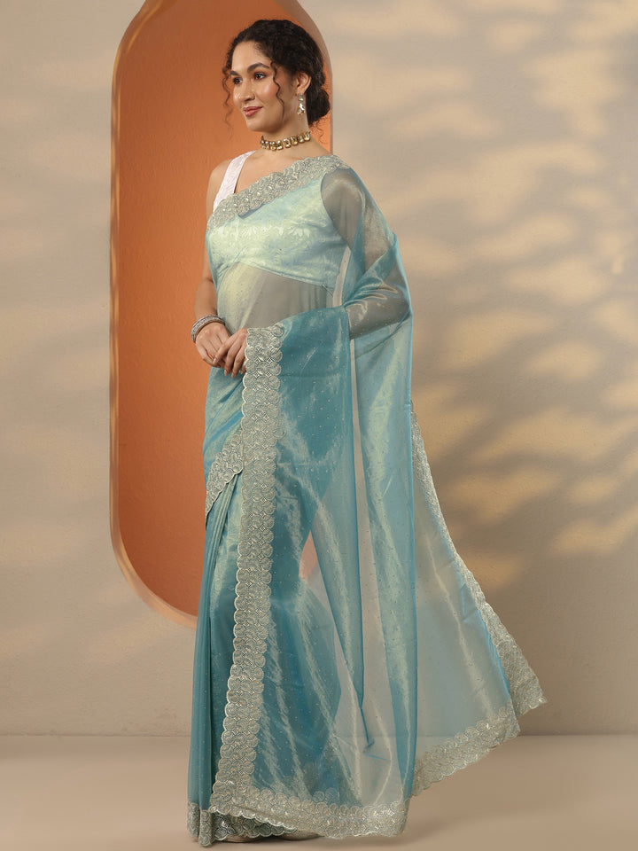 Blue Embellished Nylon Saree With Unstitched Blouse Piece