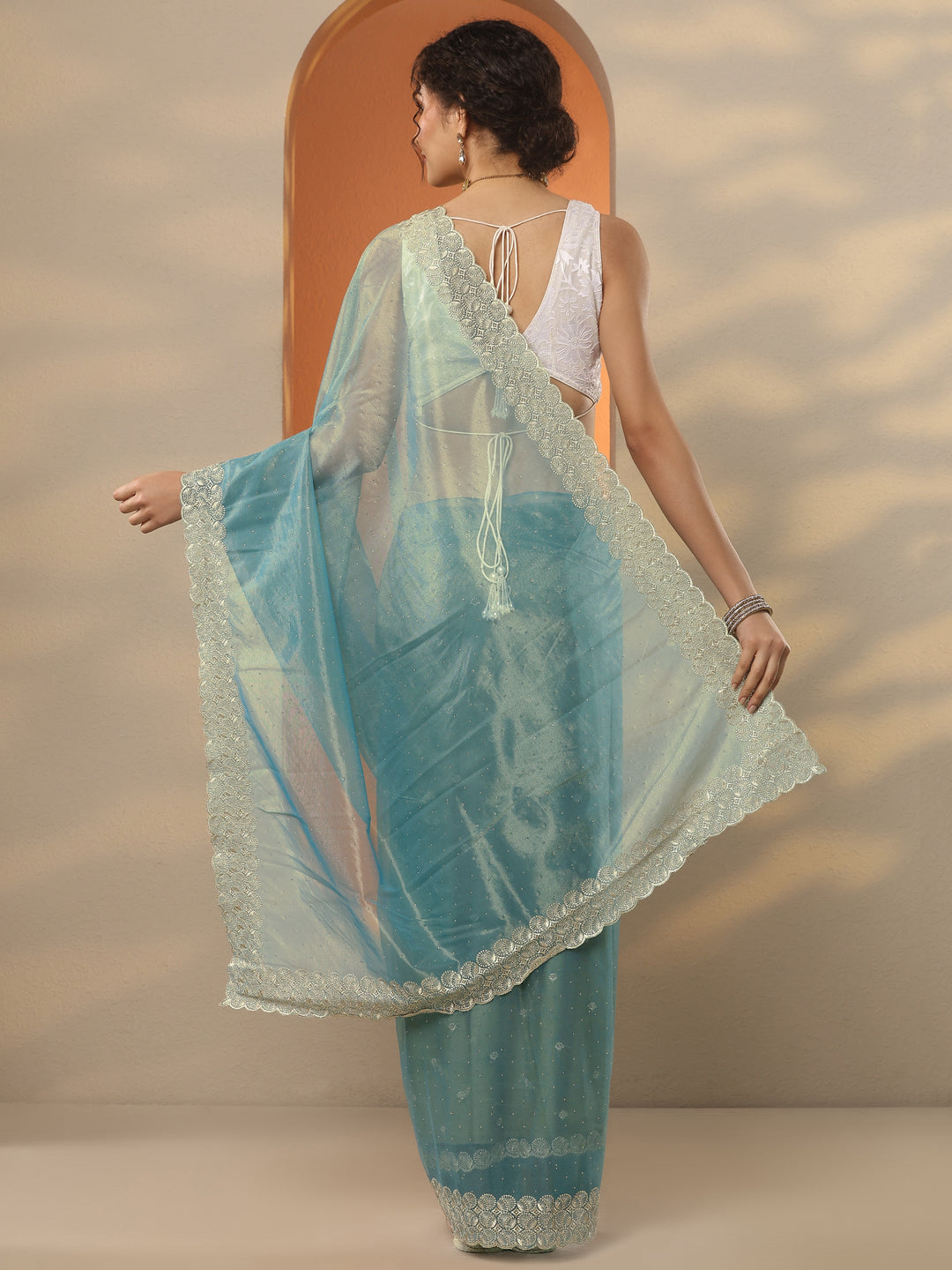 Blue Embellished Nylon Saree With Unstitched Blouse Piece