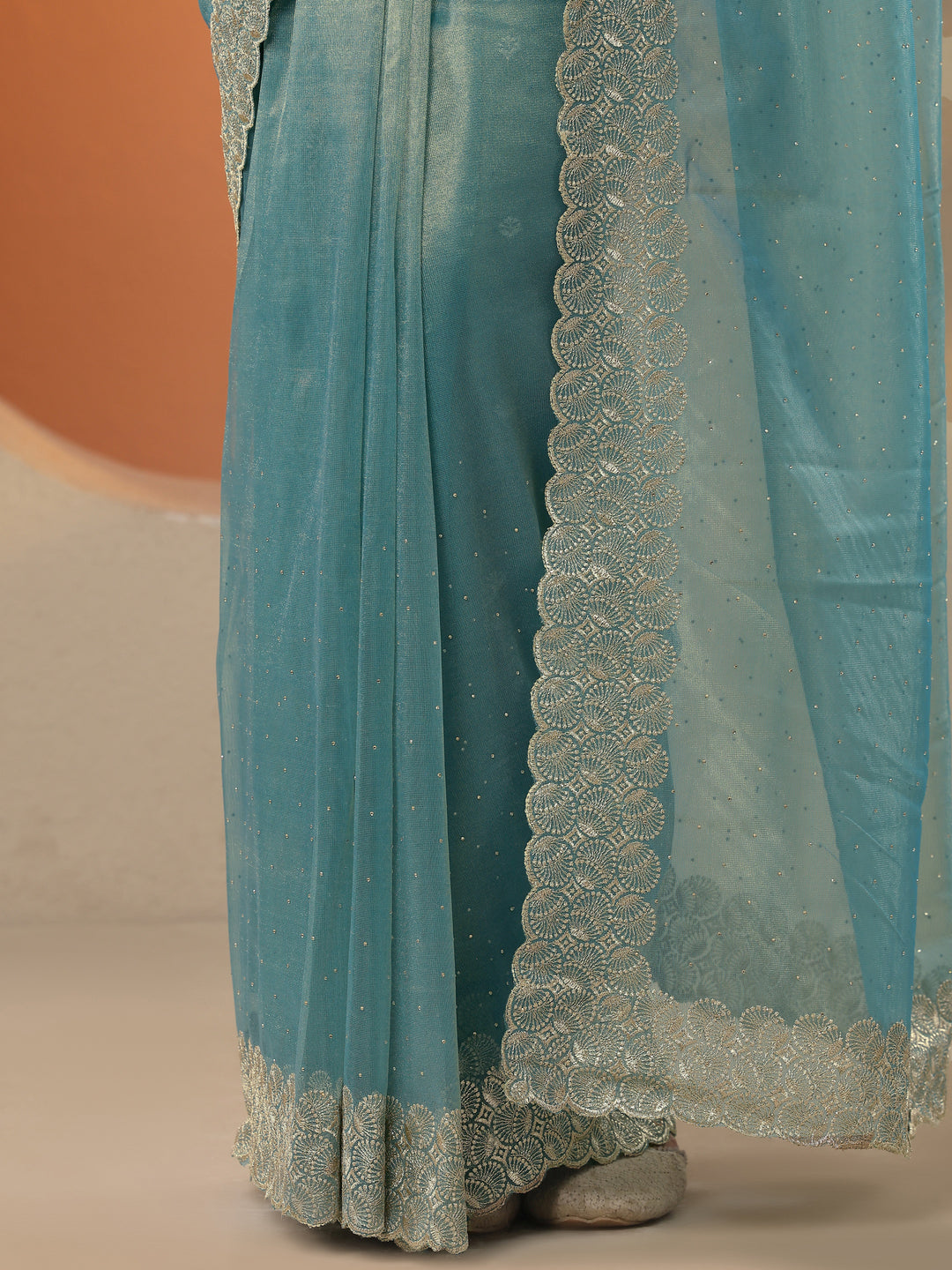 Blue Embellished Nylon Saree With Unstitched Blouse Piece