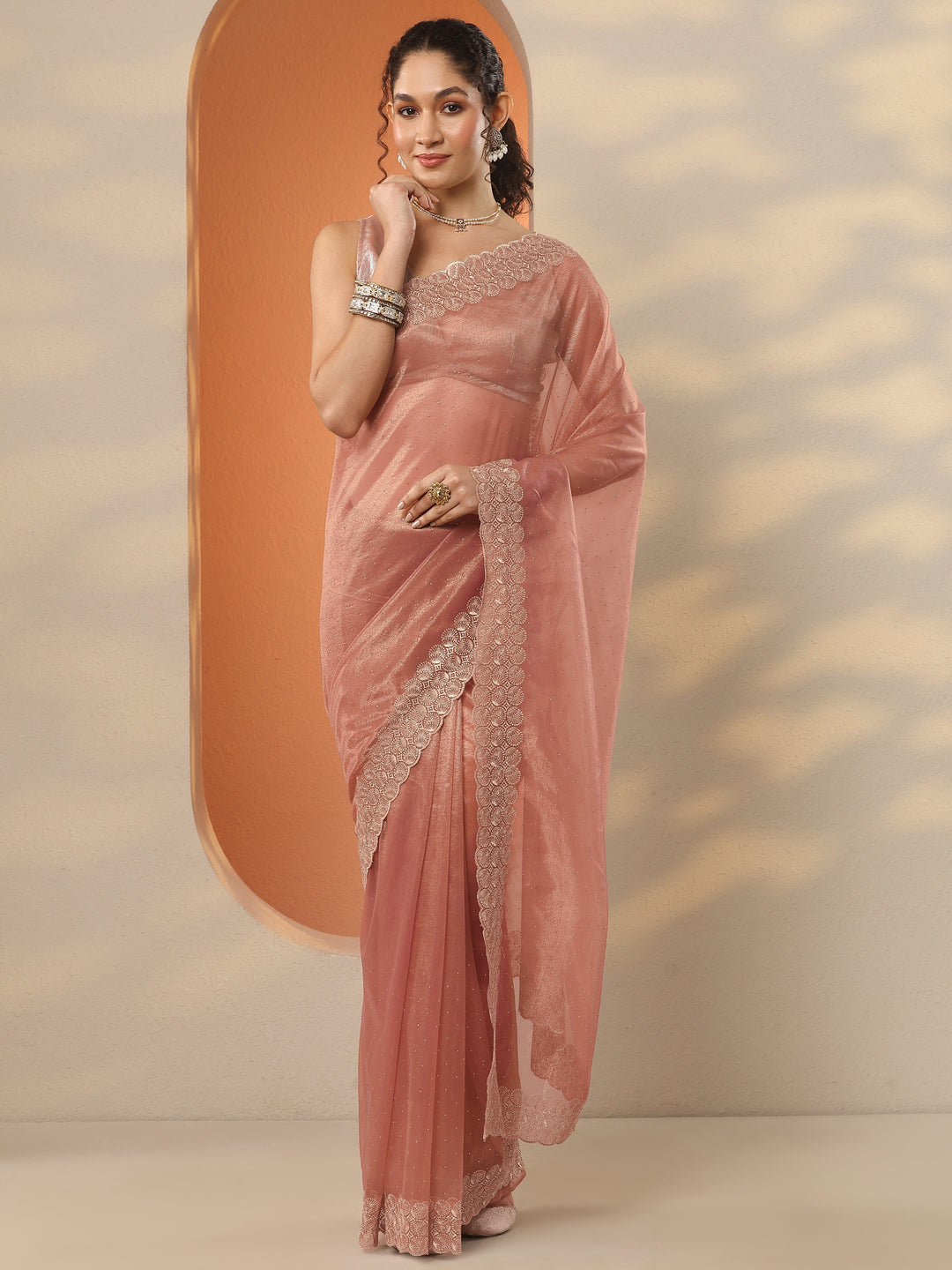Coral Embellished Nylon Saree With Unstitched Blouse Piece