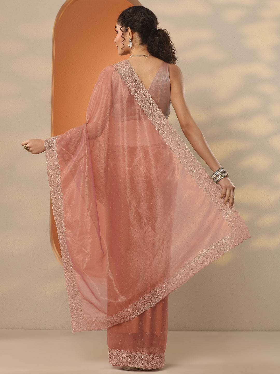 Coral Embellished Nylon Saree With Unstitched Blouse Piece