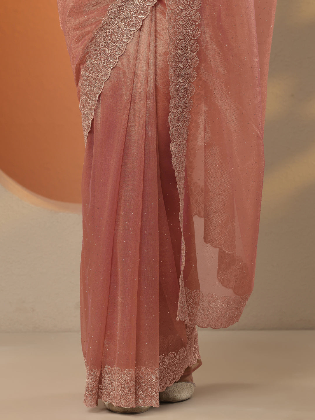 Coral Embellished Nylon Saree With Unstitched Blouse Piece