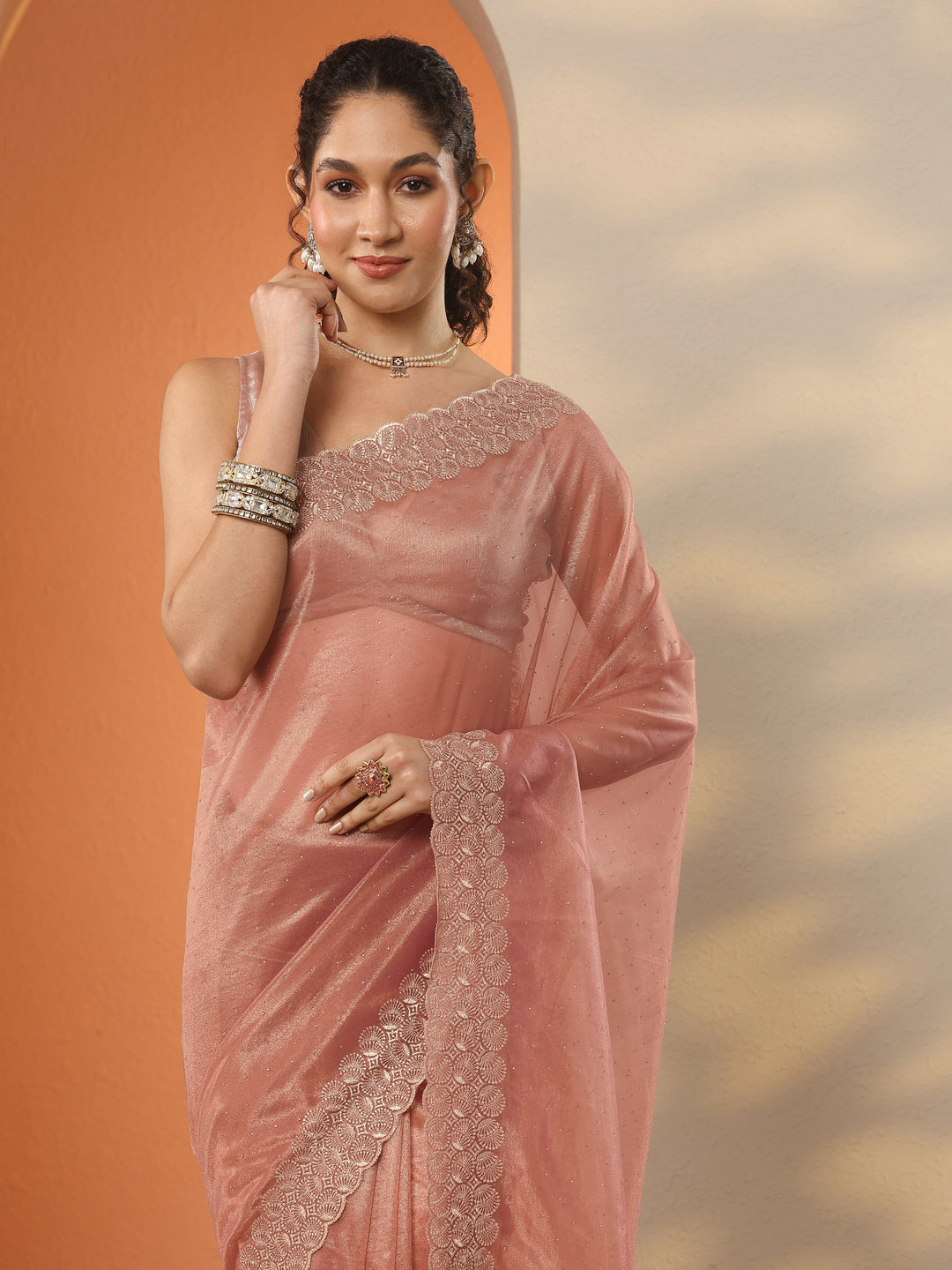 Coral Embellished Nylon Saree With Unstitched Blouse Piece