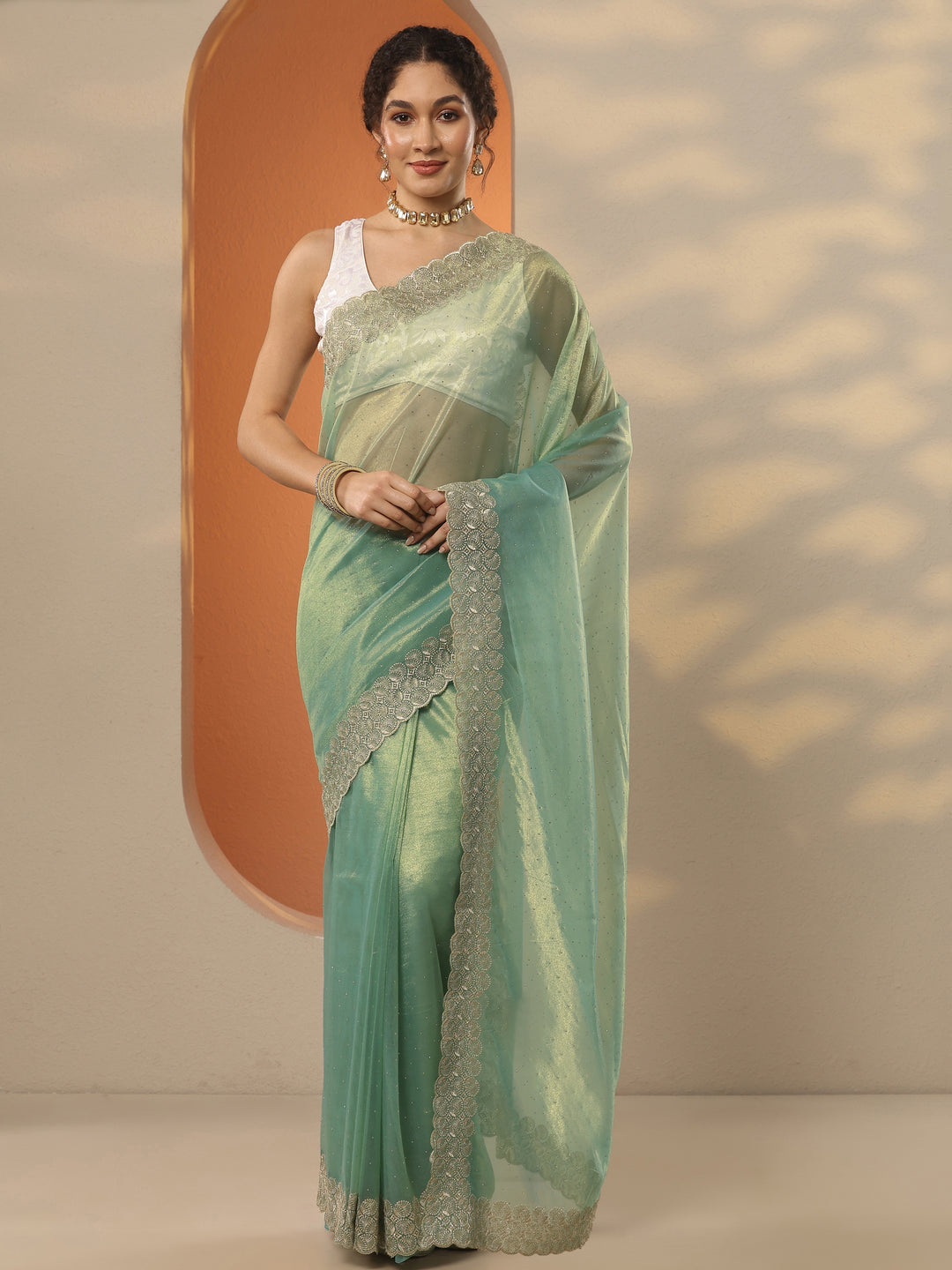 Green Embellished Nylon Saree With Unstitched Blouse Piece