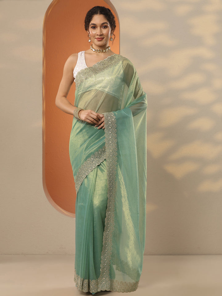Green Embellished Nylon Saree With Unstitched Blouse Piece