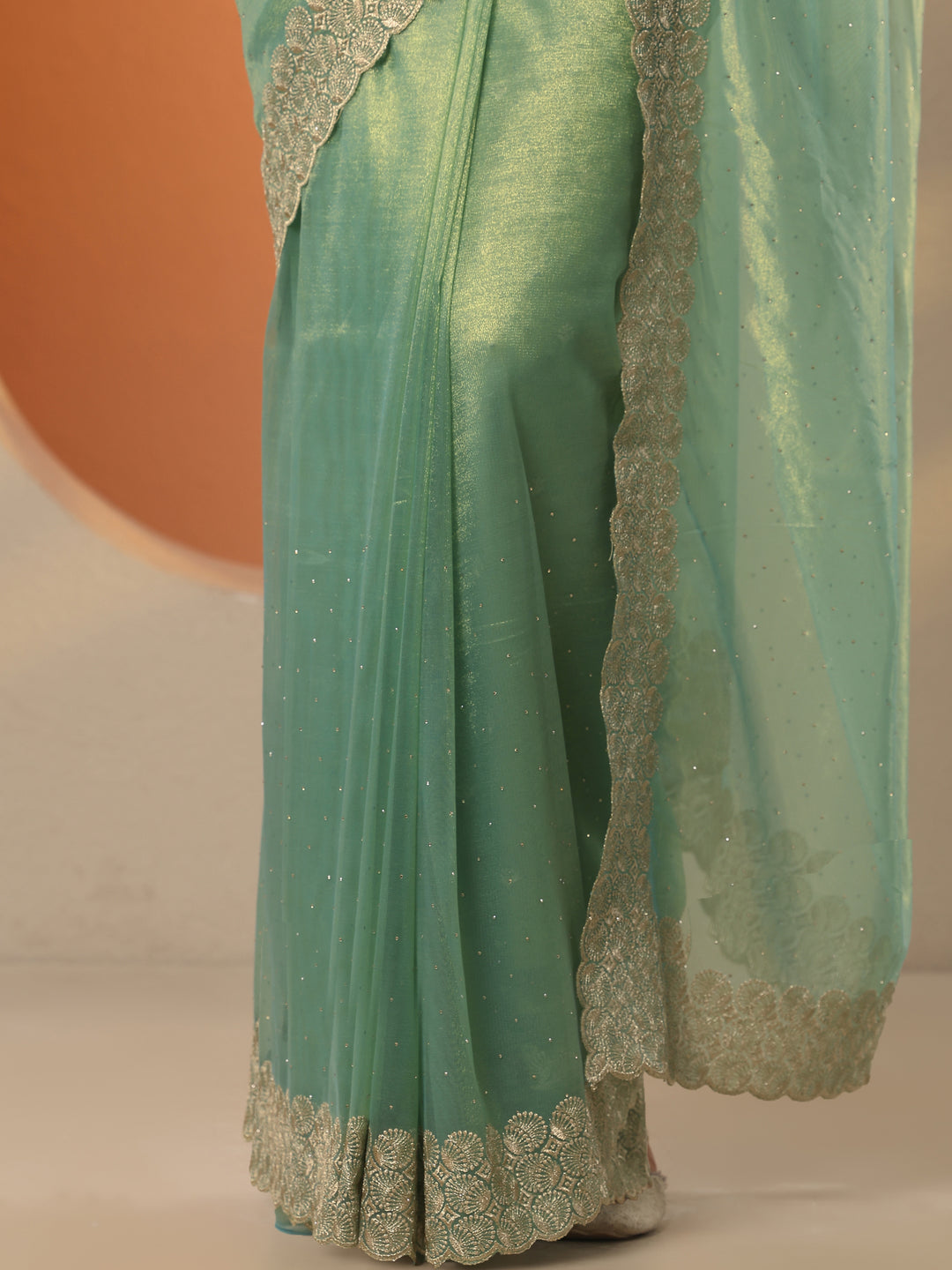 Green Embellished Nylon Saree With Unstitched Blouse Piece
