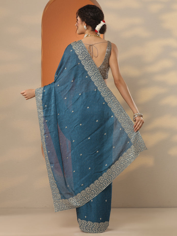 Blue Embellished Silk Blend Saree With Unstitched Blouse Piece