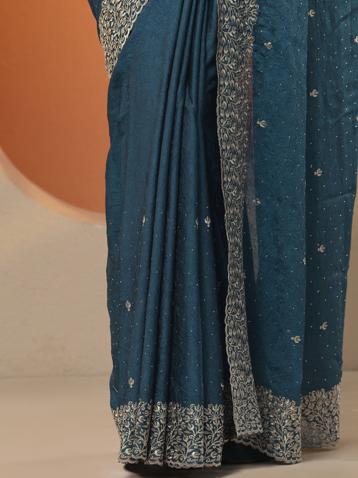 Blue Embellished Silk Blend Saree With Unstitched Blouse Piece