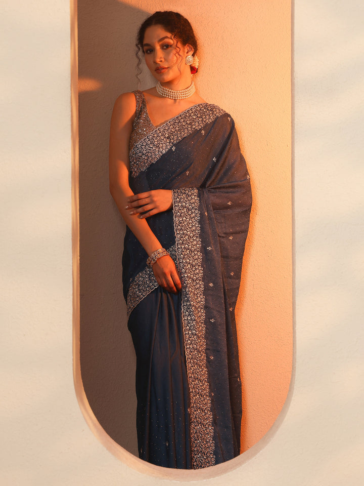 Blue Embellished Silk Blend Saree With Unstitched Blouse Piece