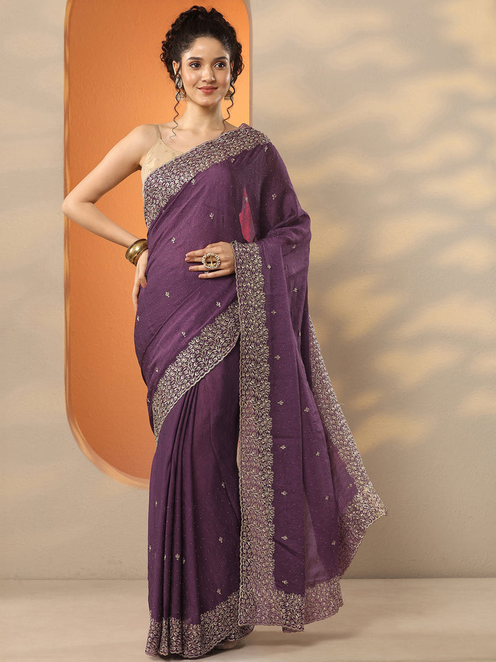 Burgundy Embellished Silk Blend Saree With Unstitched Blouse Piece