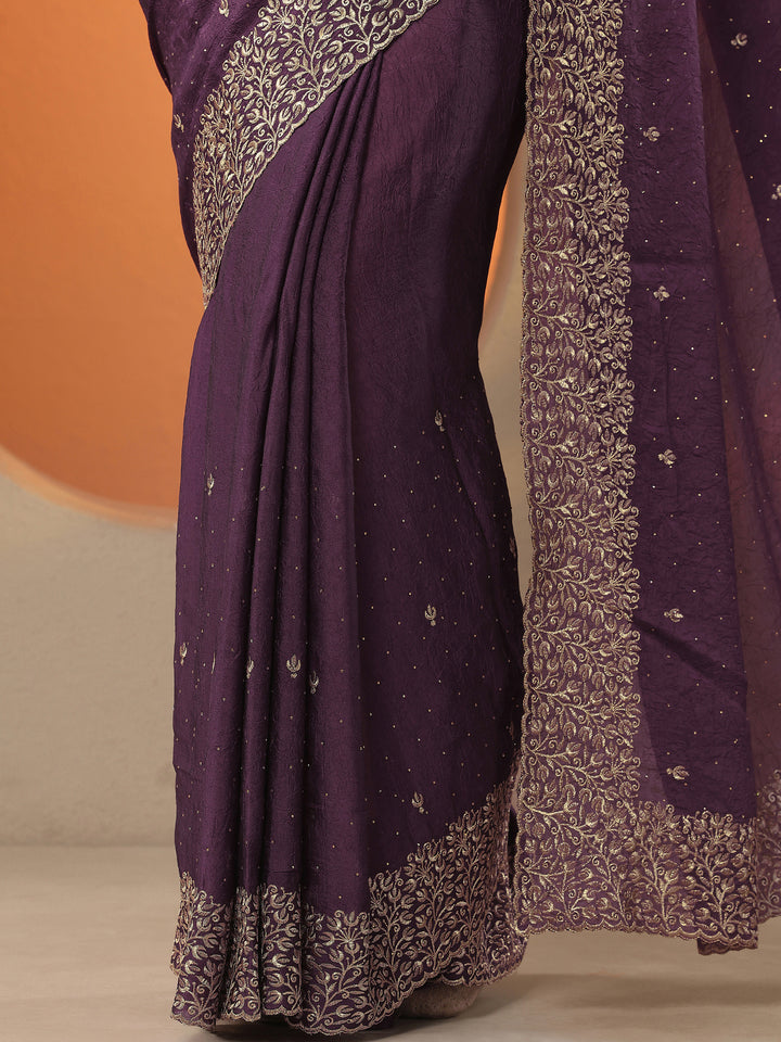 Burgundy Embellished Silk Blend Saree With Unstitched Blouse Piece