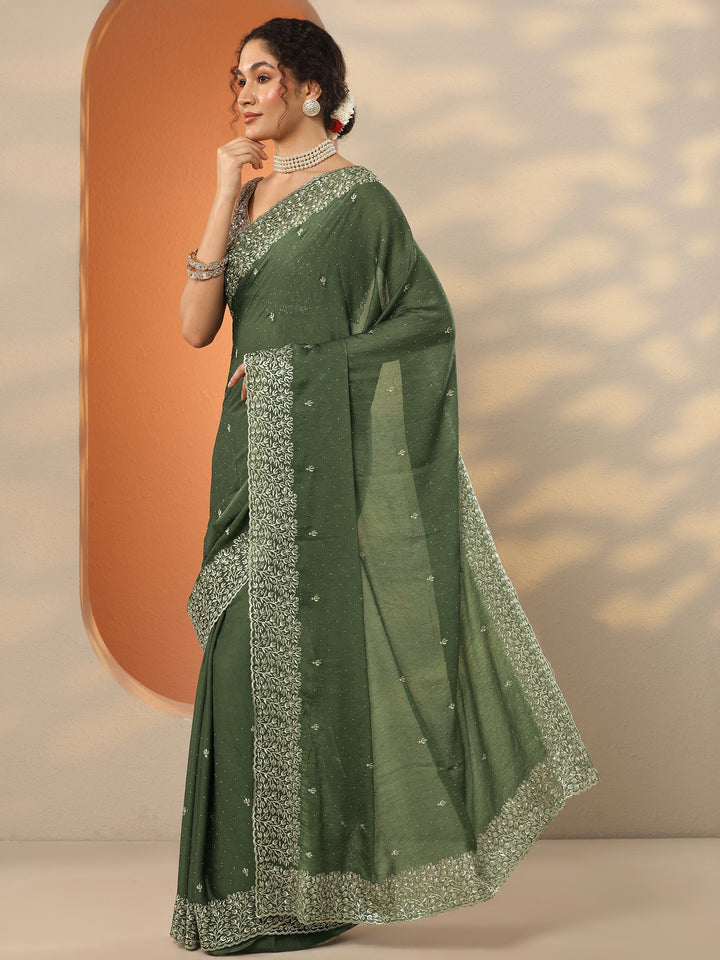 Green Embellished Silk Blend Saree With Unstitched Blouse Piece