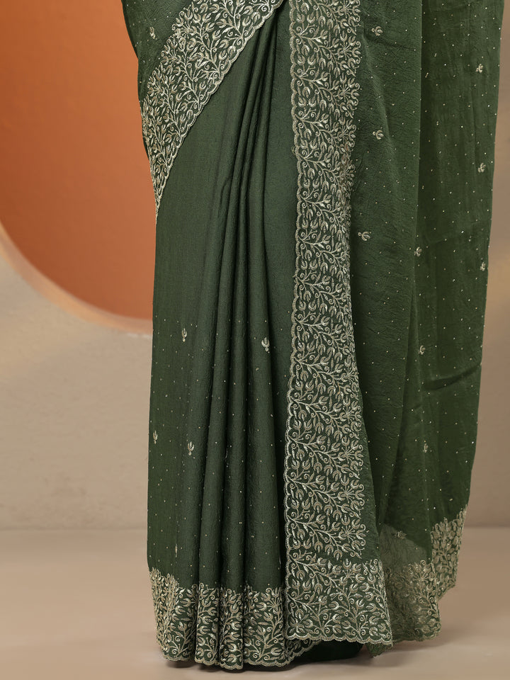 Green Embellished Silk Blend Saree With Unstitched Blouse Piece