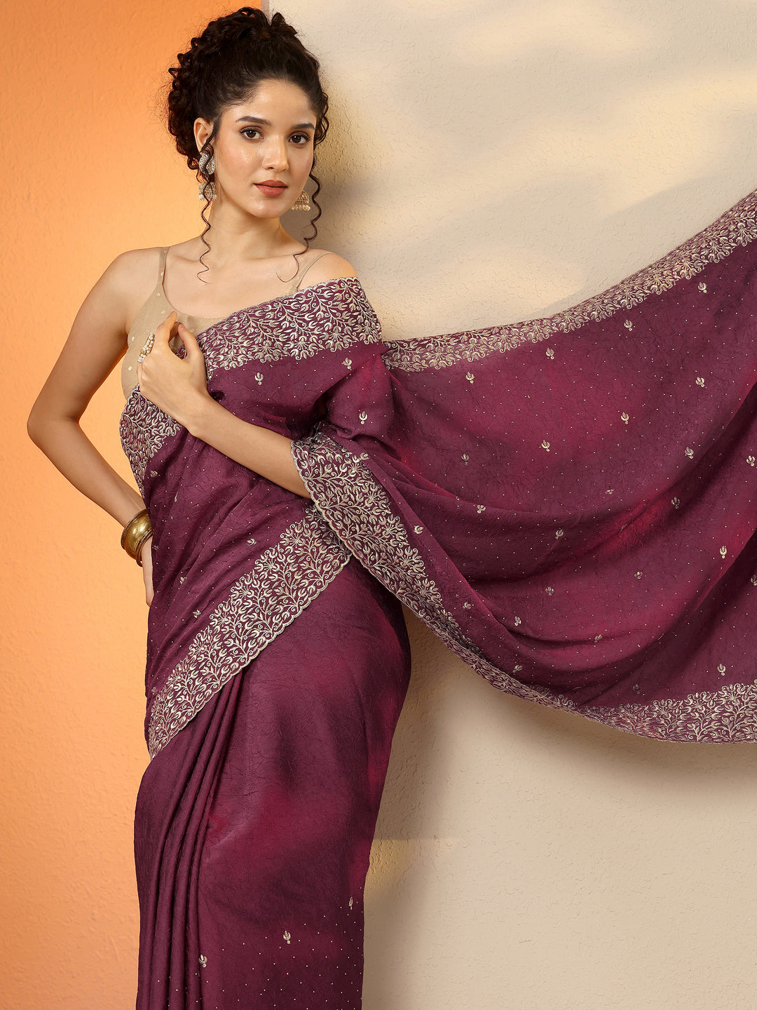 Maroon Embellished Silk Blend Saree With Unstitched Blouse Piece