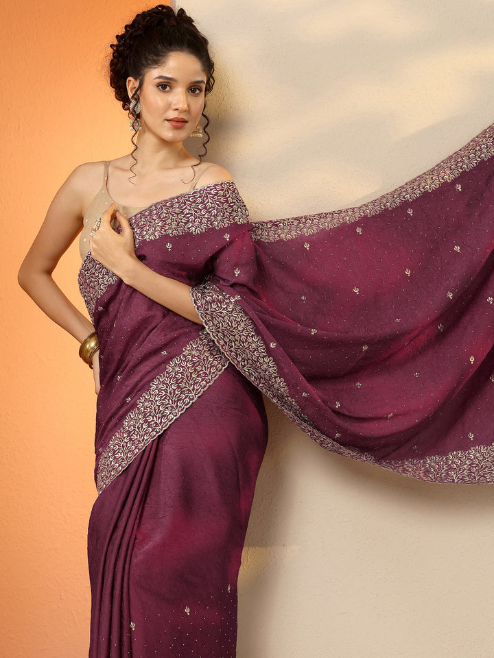 Maroon Embellished Silk Blend Saree With Unstitched Blouse Piece