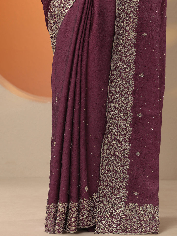 Maroon Embellished Silk Blend Saree With Unstitched Blouse Piece