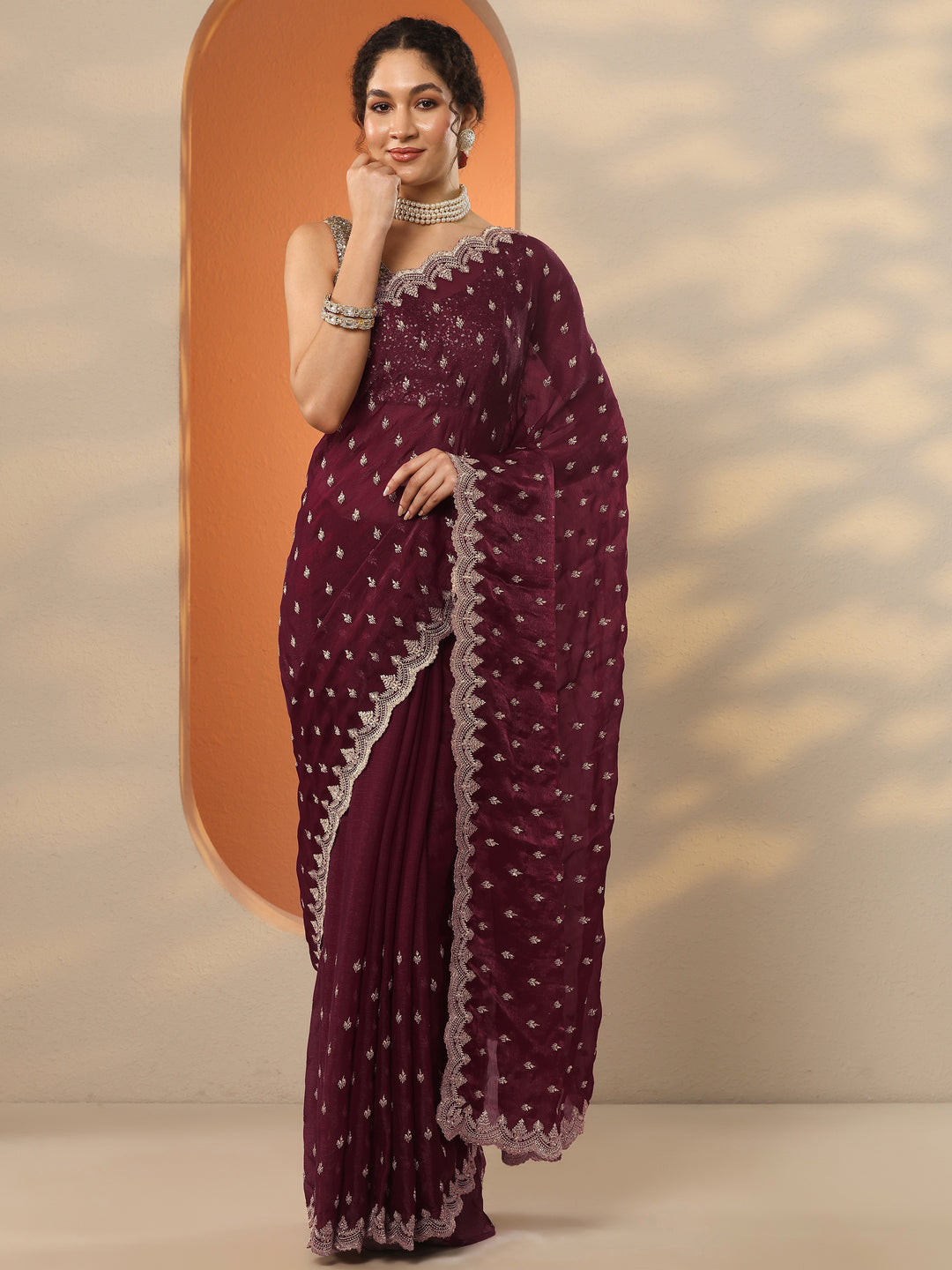 Maroon Embroidered Organza Saree With Unstitched Blouse Piece