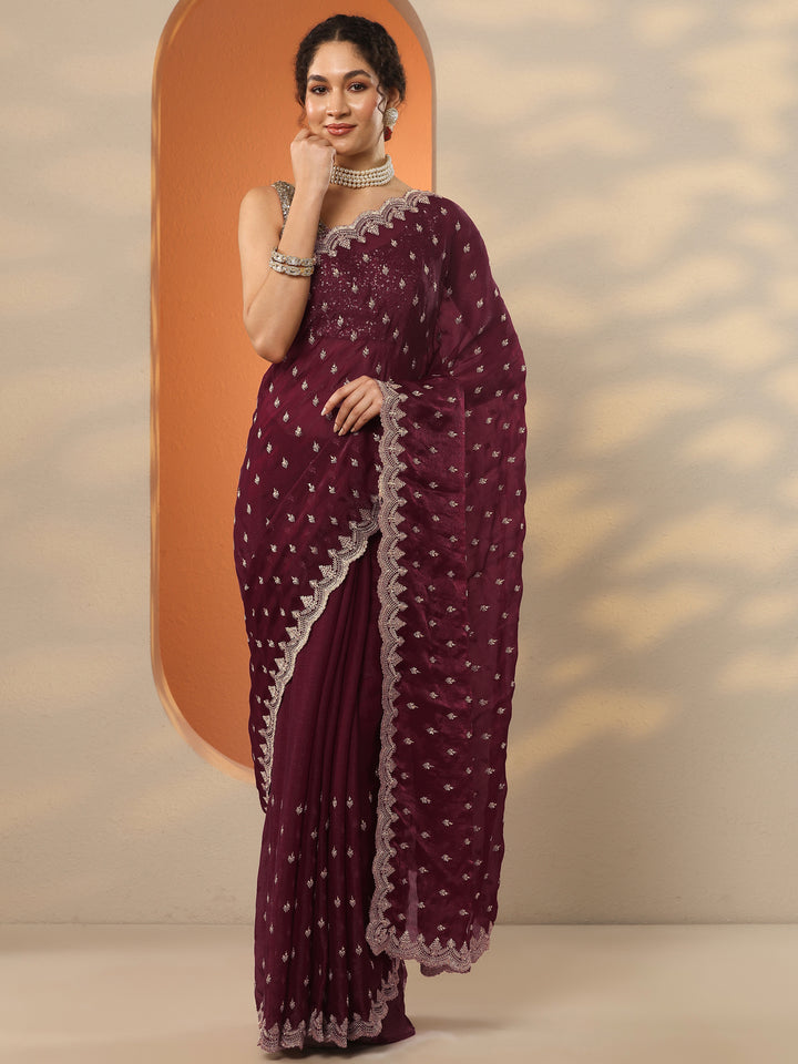 Maroon Embroidered Organza Saree With Unstitched Blouse Piece