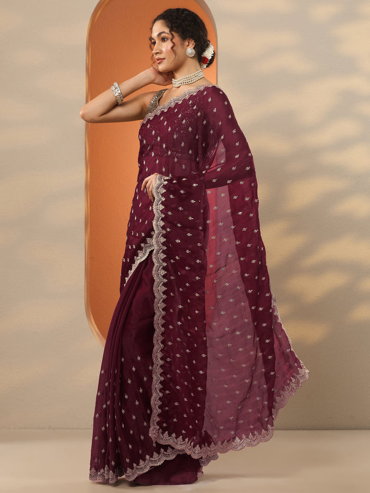 Maroon Embroidered Organza Saree With Unstitched Blouse Piece