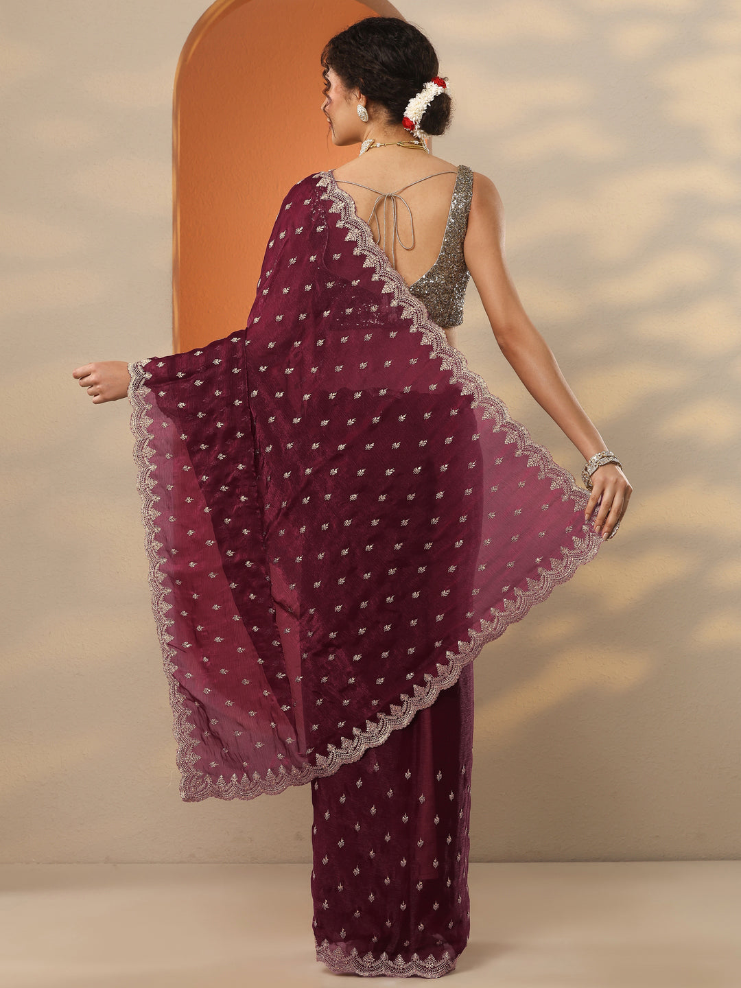 Maroon Embroidered Organza Saree With Unstitched Blouse Piece