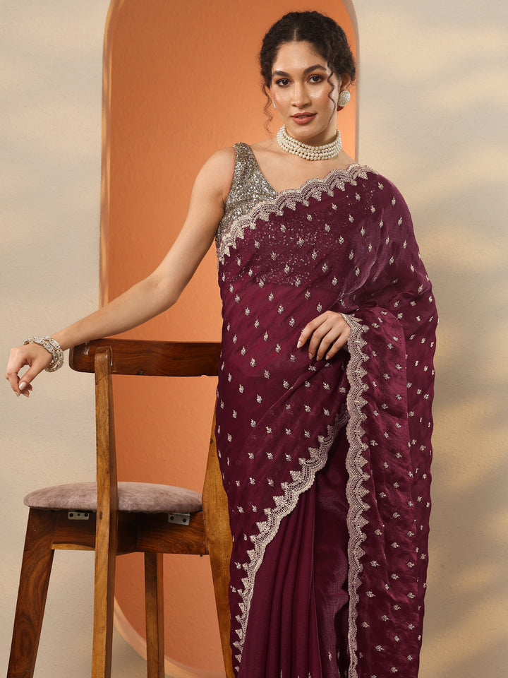 Maroon Embroidered Organza Saree With Unstitched Blouse Piece