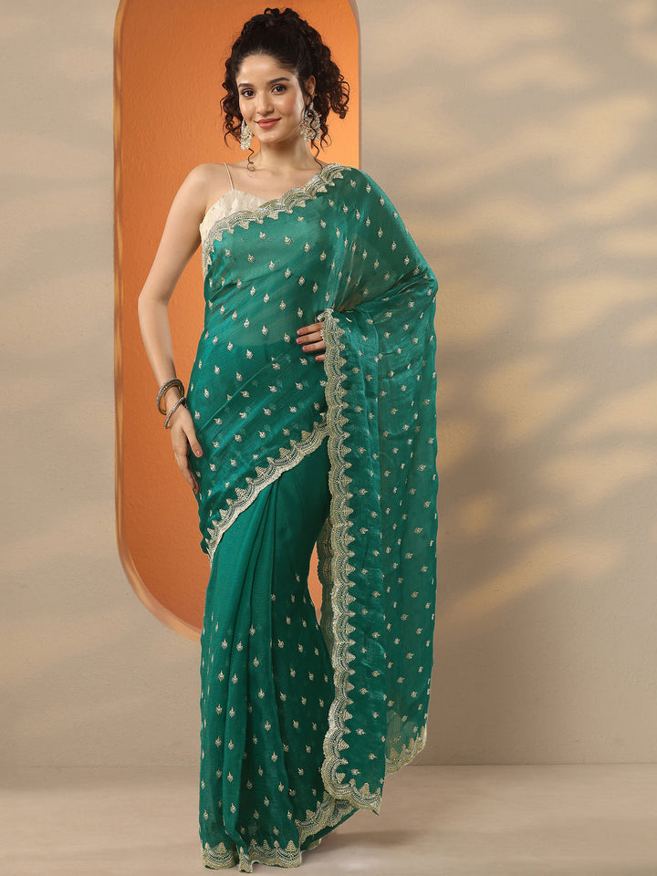 Green Embroidered Organza Saree With Unstitched Blouse Piece