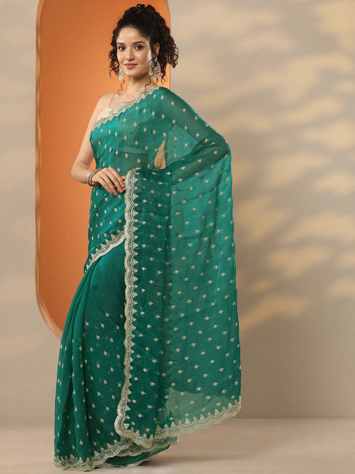 Green Embroidered Organza Saree With Unstitched Blouse Piece