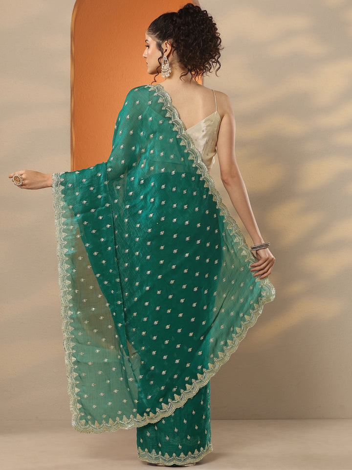 Green Embroidered Organza Saree With Unstitched Blouse Piece