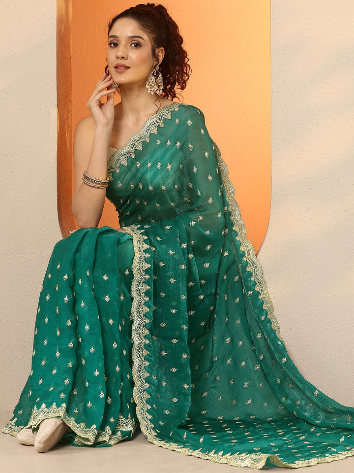 Green Embroidered Organza Saree With Unstitched Blouse Piece