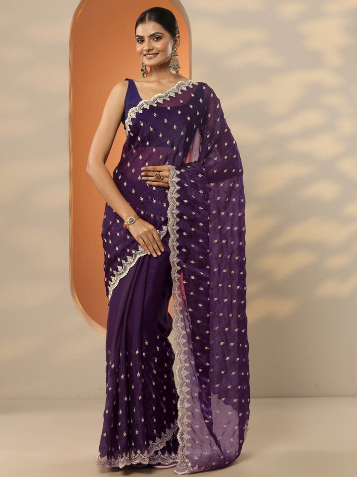 Purple Embroidered Organza Saree With Unstitched Blouse Piece