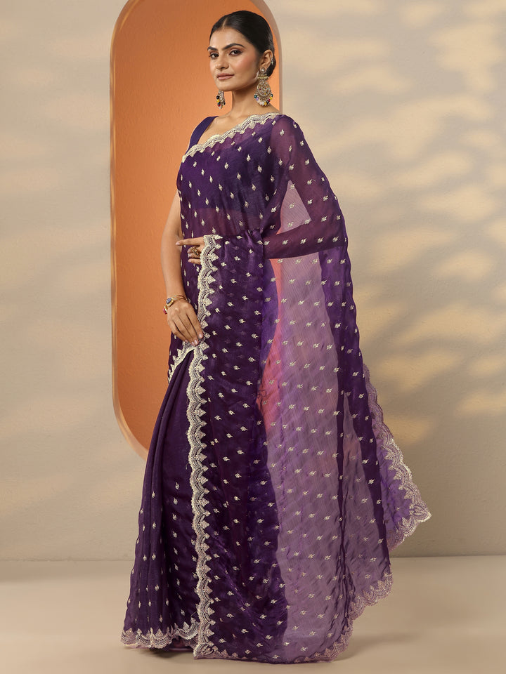 Purple Embroidered Organza Saree With Unstitched Blouse Piece