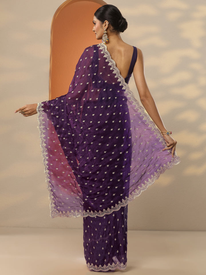 Purple Embroidered Organza Saree With Unstitched Blouse Piece
