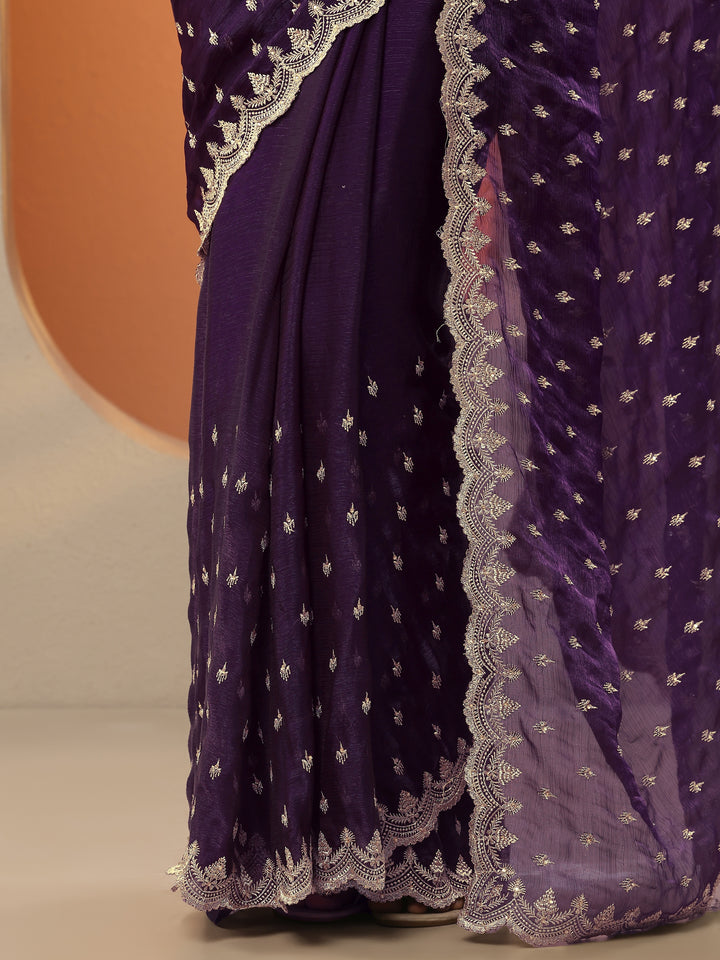 Purple Embroidered Organza Saree With Unstitched Blouse Piece