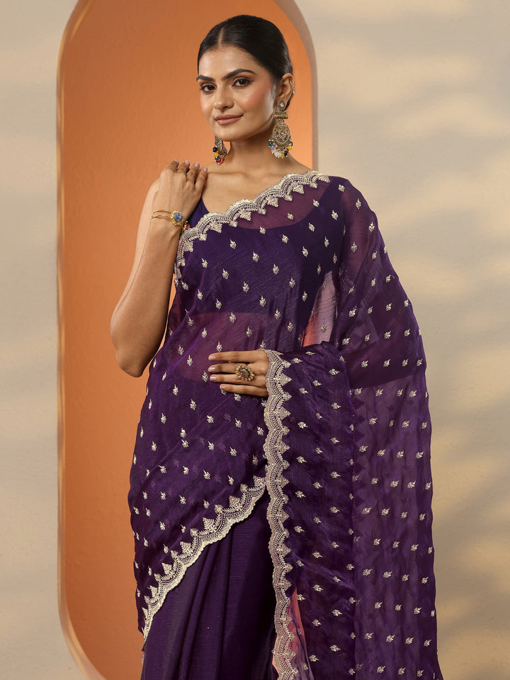 Purple Embroidered Organza Saree With Unstitched Blouse Piece