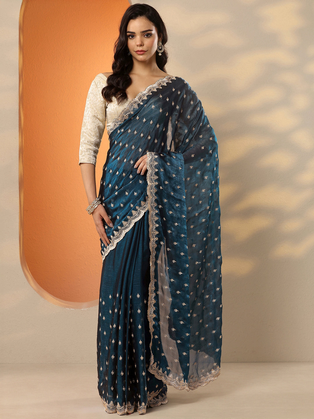 Teal Embroidered Organza Saree With Unstitched Blouse Piece